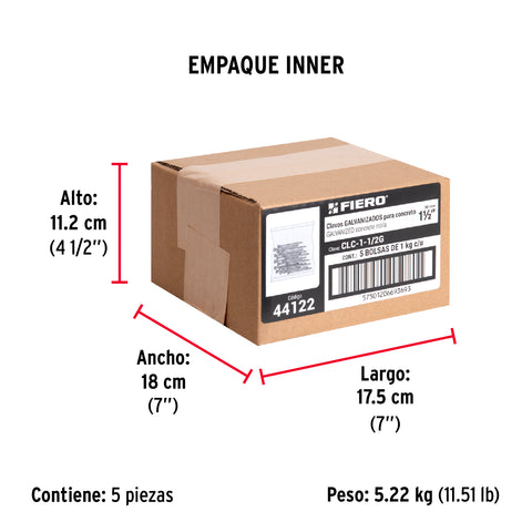 Bolsa con 1 kg de clavos para concreto galvanizados 1-1/2' | CLC-1-1/2G | 44122