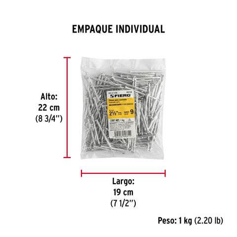 Bolsa con 1 kg de clavos para concreto galvanizados 2-1/2' | CLC-2-1/2G | 44124
