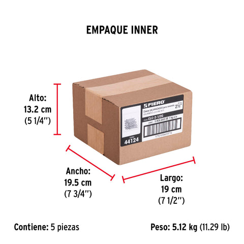 Bolsa con 1 kg de clavos para concreto galvanizados 2-1/2' | CLC-2-1/2G | 44124
