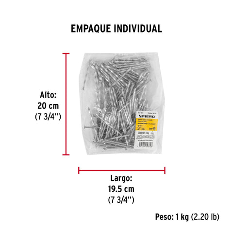 Bolsa con 1 kg de clavos para concreto galvanizados 3' | CLC-3G | 44125