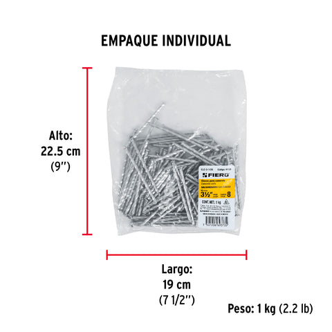 Bolsa con 1 kg de clavos para concreto galvanizados 3-1/2' | CLC-3-1/2G | 44126