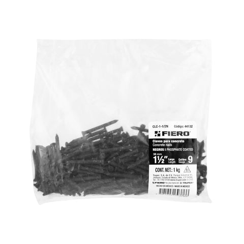 Bolsa con 1 kg de clavos para concreto negros 1-1/2', FIERO | CLC-1-1/2N | 44132