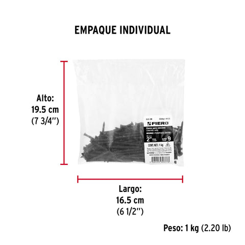 Bolsa con 1 kg de clavos para concreto negros 2', FIERO | CLC-2N | 44133