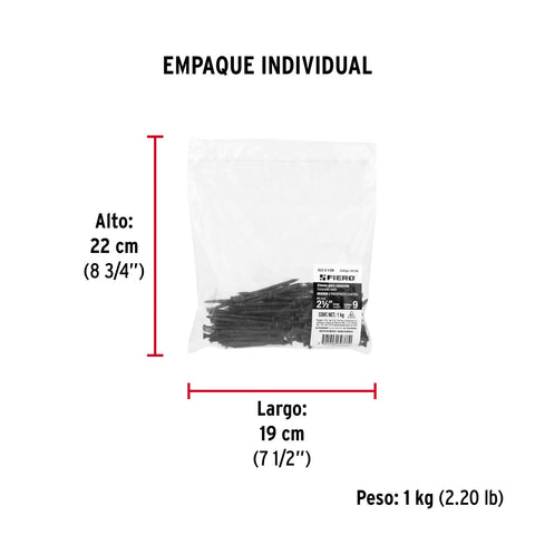 Bolsa con 1 kg de clavos para concreto negros 2-1/2', FIERO | CLC-2-1/2N | 44134