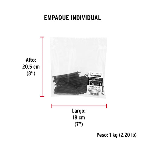 Bolsa con 1 kg de clavos para concreto negros 3', FIERO | CLC-3N | 44135