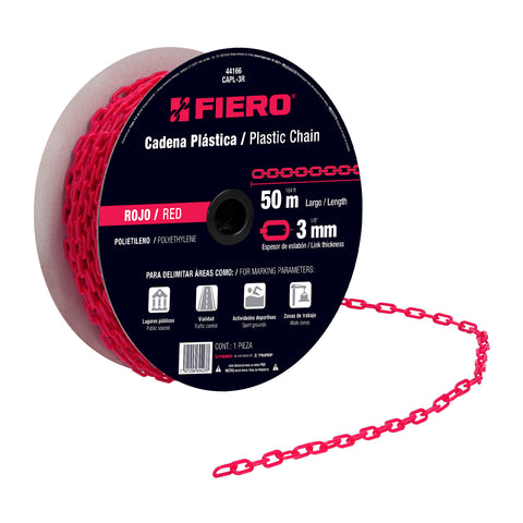 Metro de cadena de 3 mm de plástico roja, carrete de 50 m | CAPL-3R | 44166