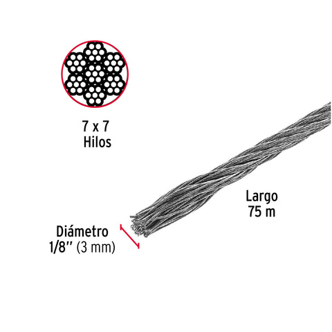Metro de cable rígido 1/8' de acero 7x7 hilos, 75 m, FIERO | CAB-1/8R | 44205