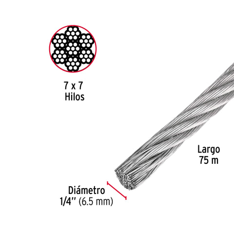 Metro de cable rígido 1/4' de acero 7x7 hilos, 75 m, FIERO | CAB-1/4R | 44207