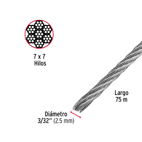 Metro de cable rígido 3/32' de acero 7x7 hilos, 75 m, FIERO | CAB-3/32R | 44209