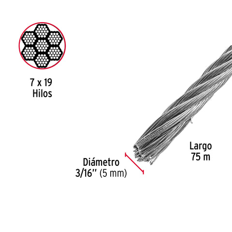 Metro de cable flexible 3/16' de acero 7x19 hilos, 75 m | CAB-3/16F | 44212