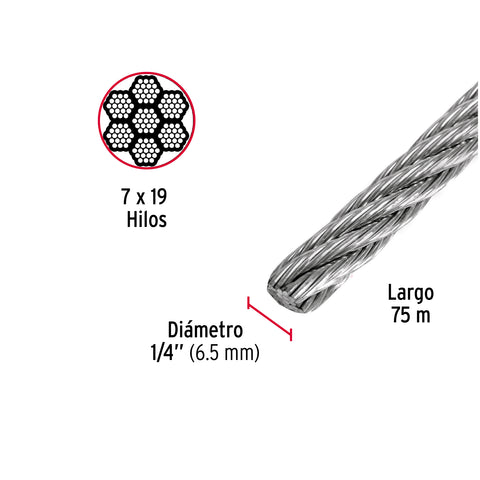 Metro de cable flexible 1/4' de acero 7x19 hilos, 75 m | CAB-1/4F | 44213
