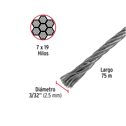 Metro de cable flexible 3/32' de acero 7x19 hilos, 75 m | CAB-3/32F | 44214