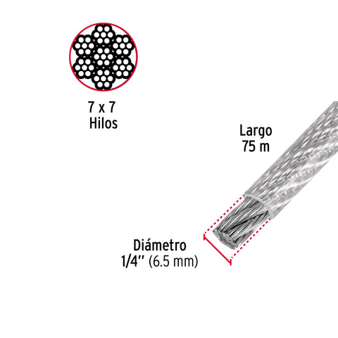 Metro de cable rígido 1/4' acero 7x7 recubierto PVC, 75 m | CAB-1/4RX | 44218