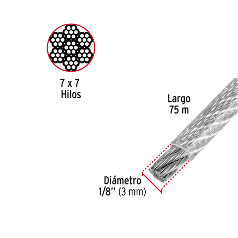 Metro de cable rígido 1/8' acero 7x7 recubierto PVC, 75 m | CAB-1/8RX | 44219