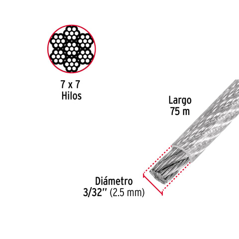 Metro de cable rígido 3/32' acero 7x7 recubierto PVC, 75 m | CAB-3/32RX | 44221