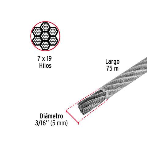 Metro cable flexible 3/16' acero 7x19 recubierto PVC, 75 m | CAB-3/16FX | 44223