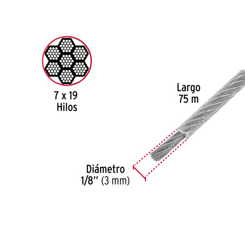 Metro cable flexible 1/8' acero 7x19 recubierto PVC, 75 m | CAB-1/8FX | 44225