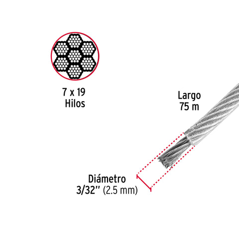 Metro cable flexible 3/32' acero 7x19 recubierto PVC, 75 m | CAB-3/32FX | 44226