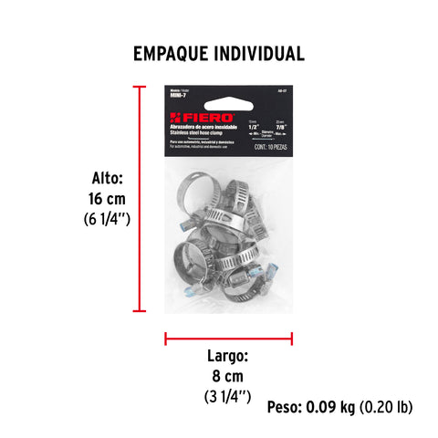 Bolsa c/10 abrazaderas mini sin fin reforzadas #7, 1/2 -7/8' | AB-07 | 44256