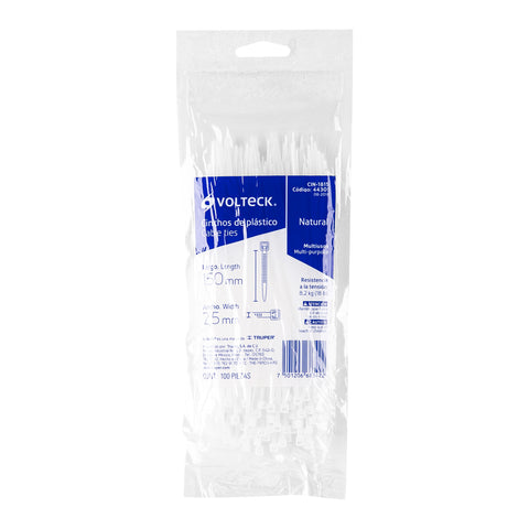 Bolsa con 100 cinchos plásticos 18 lb, 150x2.5 mm, naturales | CIN-1815 | 44301