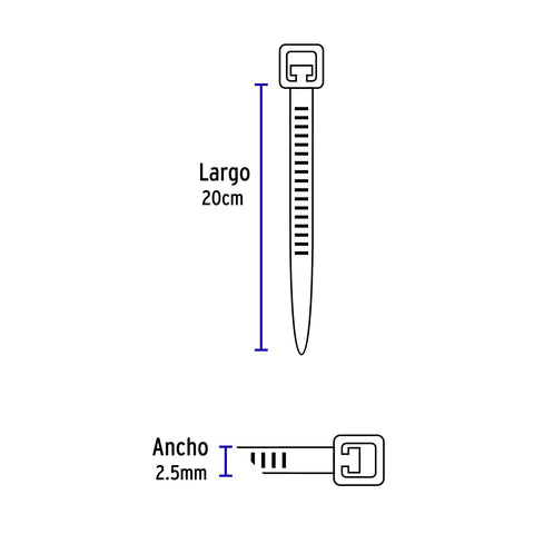Bolsa con 100 cinchos plásticos 18 lb, 200x2.5 mm, negros | CIN-1820N | 44322