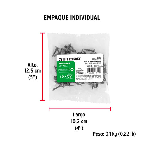 Bolsa con 100 pijas #6 x 3/4' multiusos, FIERO | PIJ-619 | 44336