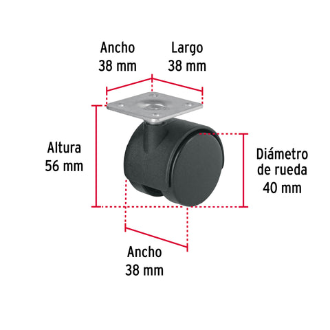 Rodaja tipo yoyo de 40 mm con placa, sin freno, FIERO | ROY-40 | 44384