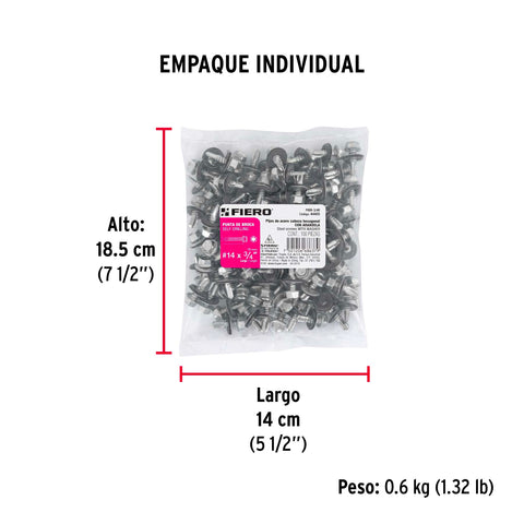 Bolsa con 100 pijas 3/4' hexagonal, punta broca con rondana | PIBR-3/4R | 44405