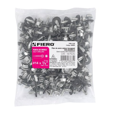 Bolsa con 100 pijas 3/4' hexagonal, punta broca con rondana | PIBR-3/4R | 44405
