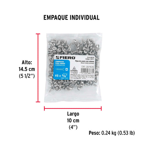 Bolsa con 200 pijas para lámina, #8 x 3/8', FIERO | PILA-8X3/8 | 44411