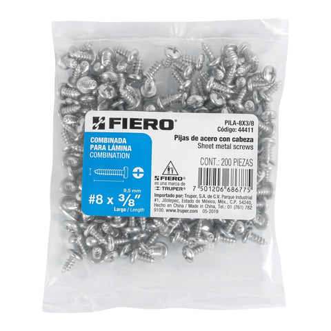 Bolsa con 200 pijas para lámina, #8 x 3/8', FIERO | PILA-8X3/8 | 44411