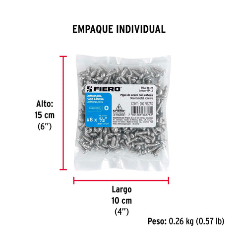 Bolsa con 200 pijas para lámina, #8 x 1/2', FIERO | PILA-8X1/2 | 44412