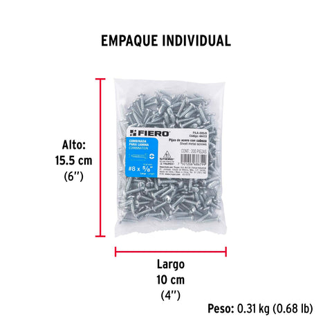 Bolsa con 200 pijas para lámina, #8 x 5/8', FIERO | PILA-8X5/8 | 44413
