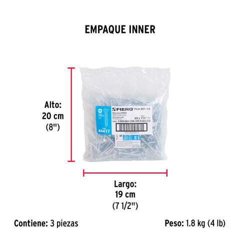 Bolsa con 200 pijas para lámina, #8 x 1-1/2', FIERO | PILA-8X1-1/2 | 44417
