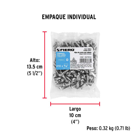 Bolsa con 150 pijas para lámina, #10 x 5/8', FIERO | PILA-10X5/8 | 44421