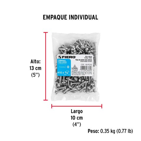 Bolsa con 150 pijas para lámina, #10 x 3/4', FIERO | PILA-10X3/4 | 44422