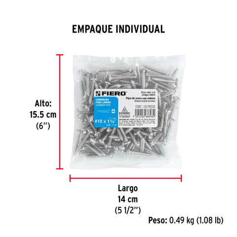 Bolsa con 150 pijas para lámina, #10 x 1-1/4', FIERO | PILA-10X1-1/4 | 44424
