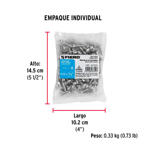 Bolsa con 100 pijas para lámina, #12 x 3/4', FIERO | PILA-12X3/4 | 44427