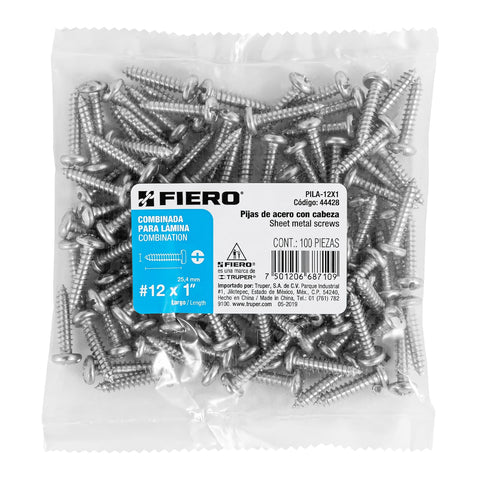 Bolsa con 100 pijas para lámina, #12 x 1', FIERO | PILA-12X1 | 44428