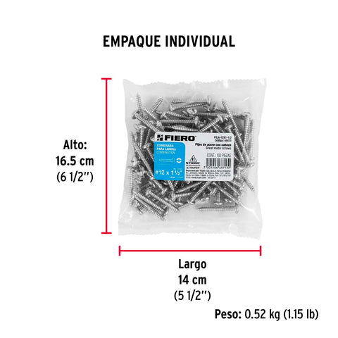 Bolsa con 100 pijas para lámina, #12 x 1-1/2', FIERO | PILA-12X1-1/2 | 44430