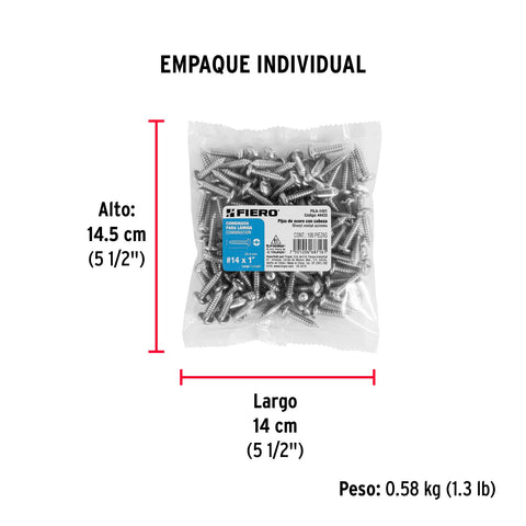 Bolsa con 100 pijas para lámina, #14 x 1', FIERO | PILA-14X1 | 44433