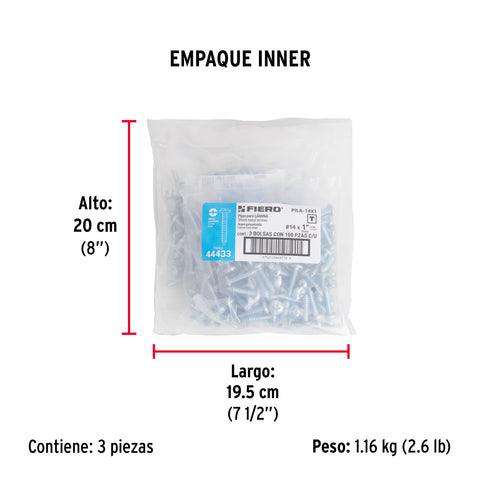 Bolsa con 100 pijas para lámina, #14 x 1', FIERO | PILA-14X1 | 44433
