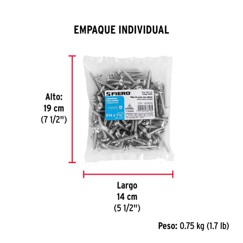 Bolsa con 100 pijas para lámina, #14 x 1-1/2', FIERO | PILA-14X1-1/2 | 44435