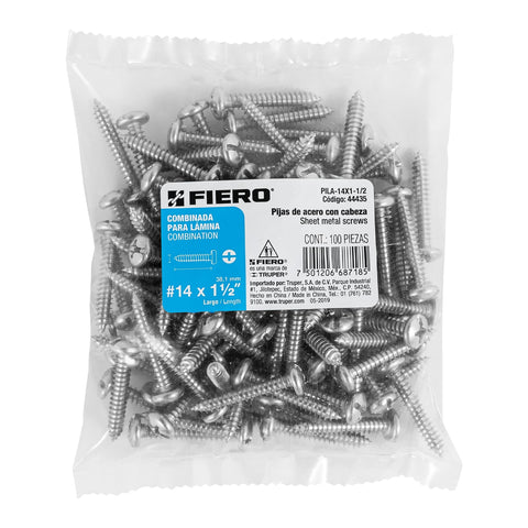 Bolsa con 100 pijas para lámina, #14 x 1-1/2', FIERO | PILA-14X1-1/2 | 44435