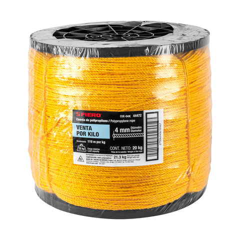 Kilo de cuerda amarilla de polipropileno 4mm, carrete 20 kg | CUE-04K | 44472