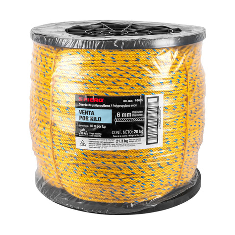 Kilo de cuerda amarilla de polipropileno 6mm, carrete 20kg | CUE-06K | 44485