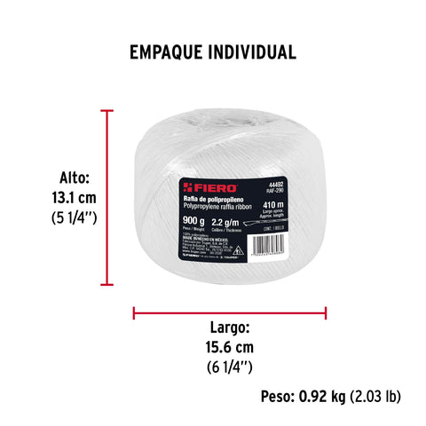 Rollo de rafia de 410 m color blanco calibre 2.2 g/m, FIERO | RAF-290 | 44492