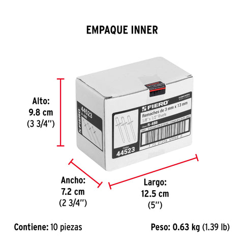 Bolsa con 50 remaches 1/8' x 1/2' de aluminio, ala 1/4 | R-48B | 44523