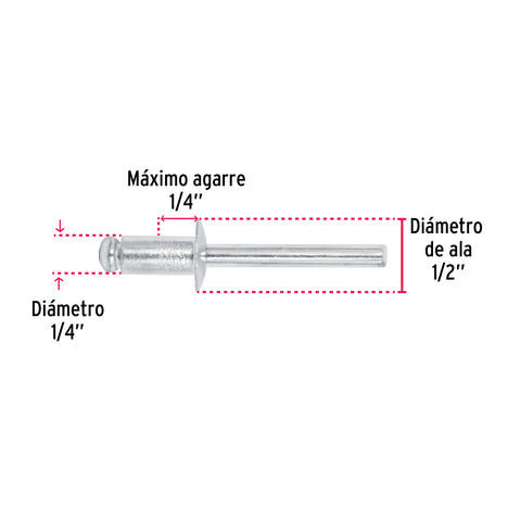Bolsa con 50 remaches de 1/4' x 1/4' de aluminio, ala 1/2' | R-84B | 44532
