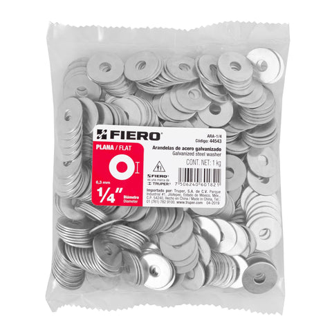 Bolsa de 1 kilo arandelas planas galvanizadas 1/4', FIERO | ARA-1/4 | 44543